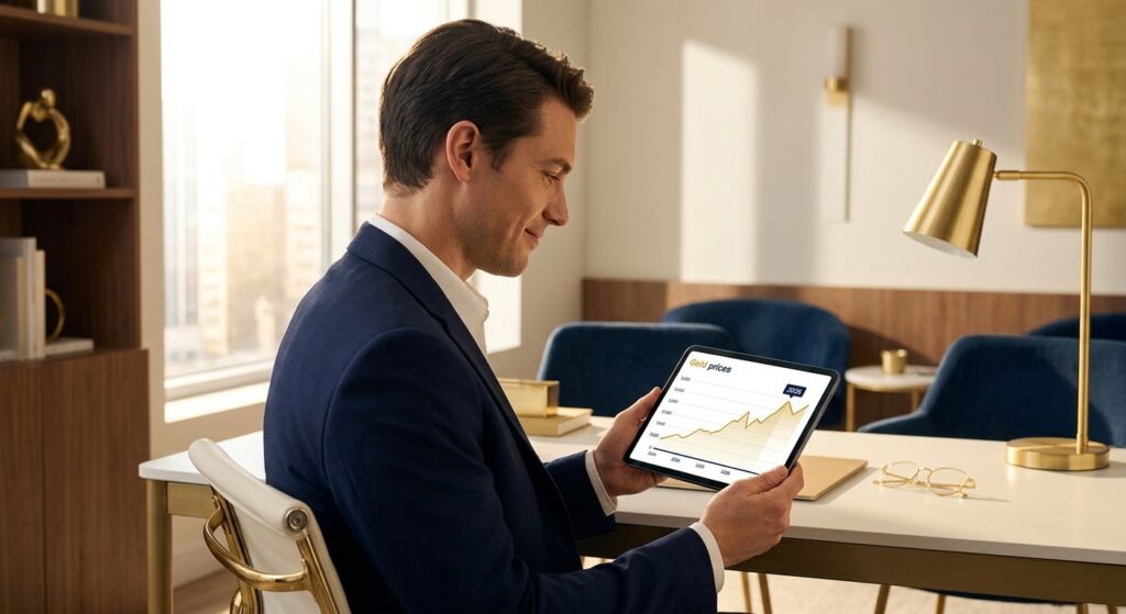 Gold Price Trader: Man analyzing gold prices on a tablet, showing an upward trend to 2026, for smart gold investing.