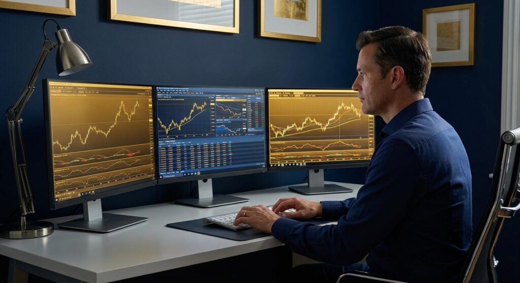 Gold Price Trader: Man analyzing gold price charts on multiple monitors for smart investing strategies.