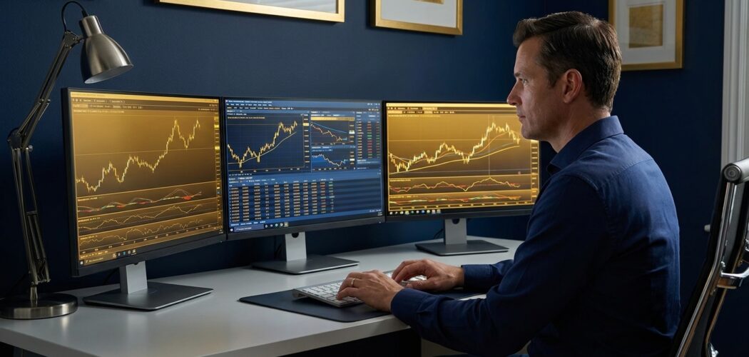 Gold Price Trader: Man analyzing gold price charts on multiple monitors for smart investing strategies.