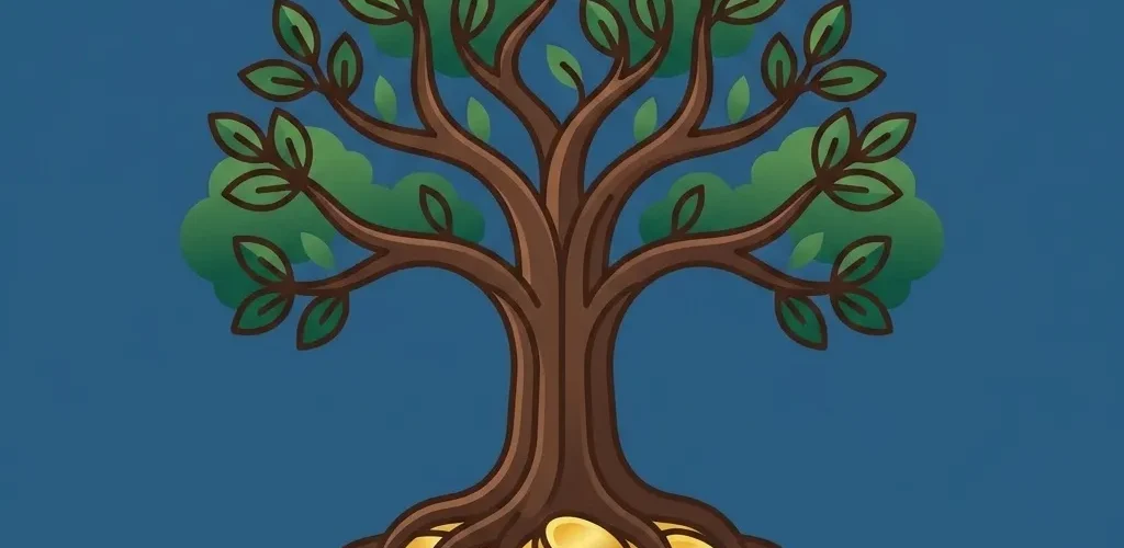 Gold Price Trader: A strong tree with green leaves and roots growing from a pile of gold coins, symbolizing resilient wealth