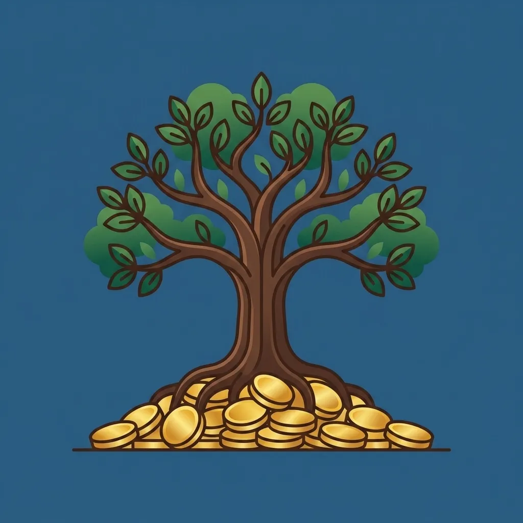 Gold Price Trader: A strong tree with green leaves and roots growing from a pile of gold coins, symbolizing resilient wealth