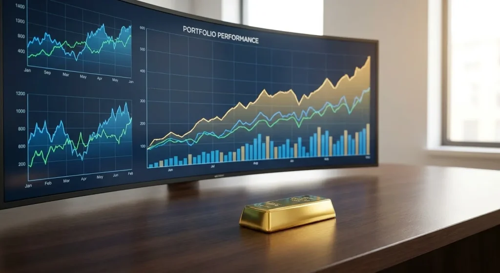 Gold Price Trader: Gold bar on desk with monitor showing 'Portfolio Performance' charts, symbolizing long-term gold investing