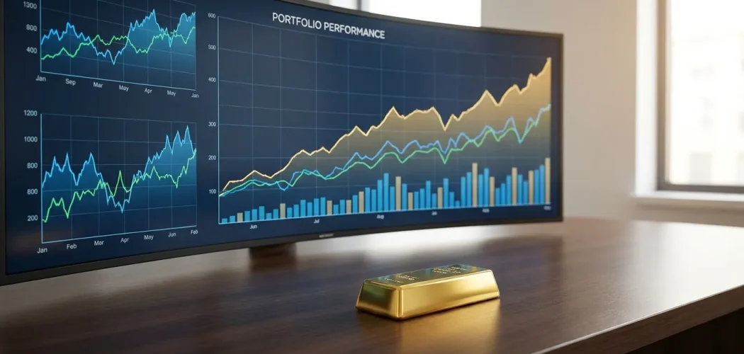 Gold Price Trader: Gold bar on desk with monitor showing 'Portfolio Performance' charts, symbolizing long-term gold investing