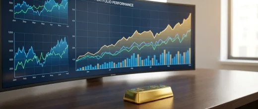 Gold Price Trader: Gold bar on desk with monitor showing 'Portfolio Performance' charts, symbolizing long-term gold investing