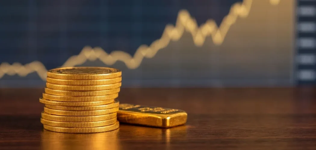 Gold Price Trader: Stack of gold coins and a gold bar with a rising stock chart, symbolizing gold as an inflation hedge.