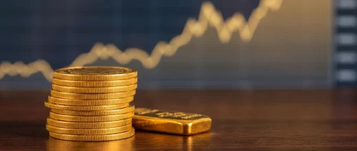 Gold Price Trader: Stack of gold coins and a gold bar with a rising stock chart, symbolizing gold as an inflation hedge.