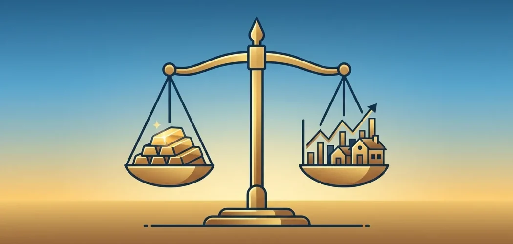Gold Price Trader: A balanced scale comparing gold bars and real estate investments for portfolio diversification.