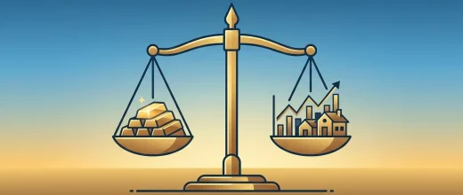 Gold Price Trader: A balanced scale comparing gold bars and real estate investments for portfolio diversification.