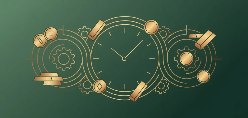 Gold Price Trader: Gold for long term wealth preservation. Stylized clock, gold coins, and bars symbolizing time, wealth, and