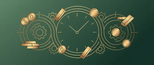 Gold Price Trader: Gold for long term wealth preservation. Stylized clock, gold coins, and bars symbolizing time, wealth, and