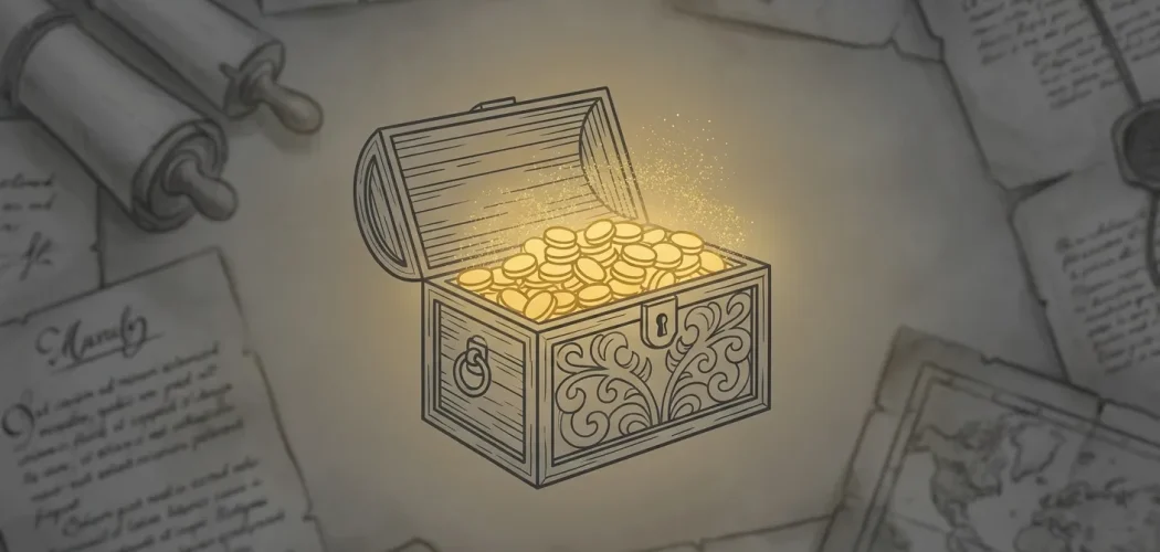 Gold Price Trader: Glowing treasure chest overflowing with gold coins, surrounded by ancient maps and scrolls, symbolizing go