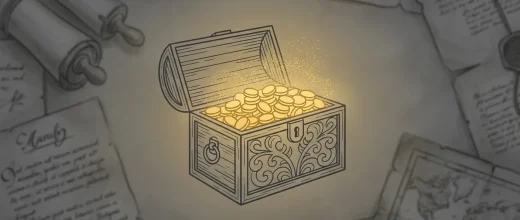 Gold Price Trader: Glowing treasure chest overflowing with gold coins, surrounded by ancient maps and scrolls, symbolizing go