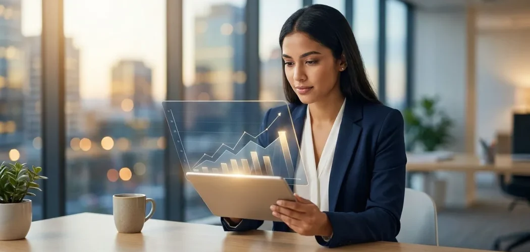 Gold Price Trader: Professional woman analyzing a holographic financial growth chart on a tablet, illustrating how to integra