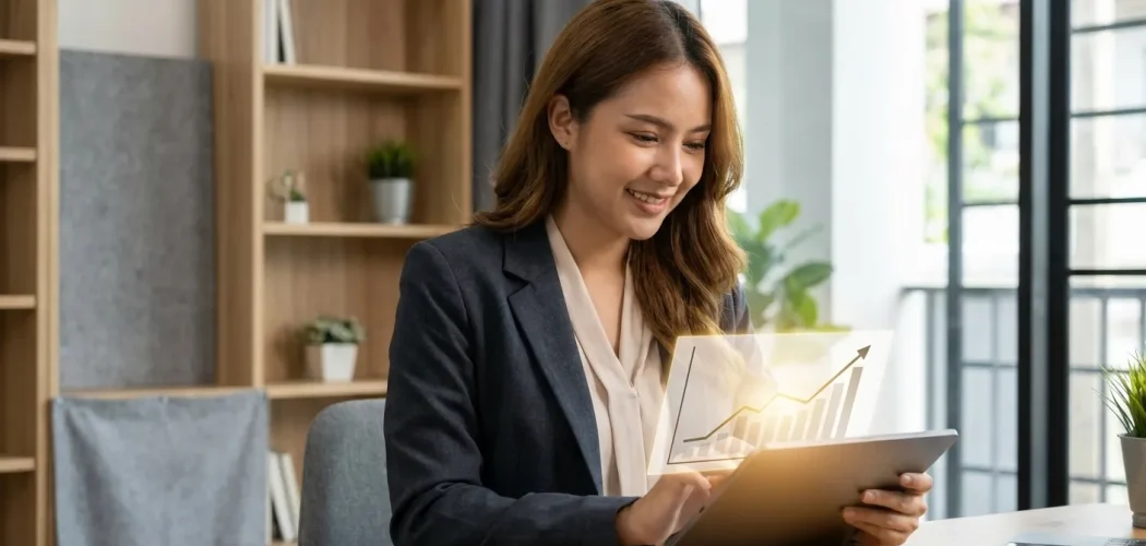 Gold Price Trader: Woman analyzing a glowing upward trend graph on a tablet, symbolizing a confident long-term gold strategy.