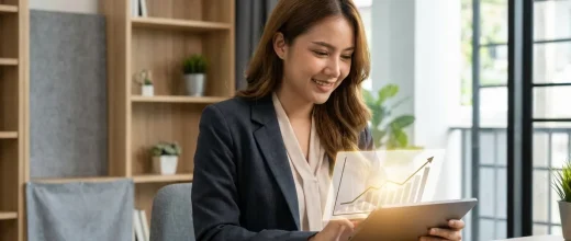 Gold Price Trader: Woman analyzing a glowing upward trend graph on a tablet, symbolizing a confident long-term gold strategy.