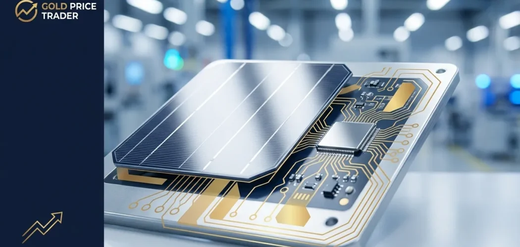 Gold Price Trader: A solar panel integrated with a circuit board, illustrating silver's crucial role in industrial demand for