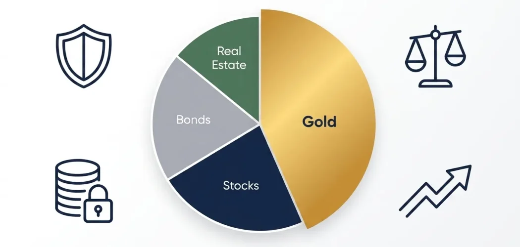 Gold Price Trader: Investment portfolio diversification strategy with gold, stocks, bonds, real estate, and icons for securit