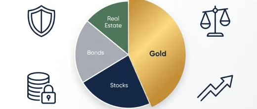 Gold Price Trader: Investment portfolio diversification strategy with gold, stocks, bonds, real estate, and icons for securit