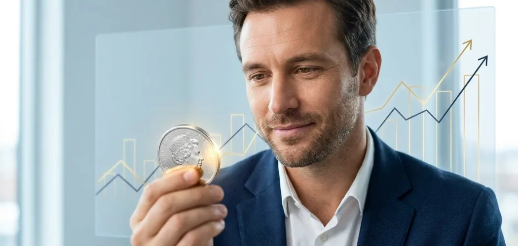 Gold Price Trader: Man examining a silver coin with Queen Elizabeth's profile, overlaid with rising financial charts, represe