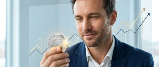 Gold Price Trader: Man examining a silver coin with Queen Elizabeth's profile, overlaid with rising financial charts, represe